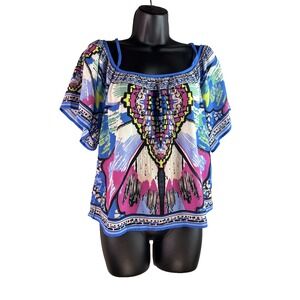 Flying Tomato Top Colorful Boho Print Semi Sheer Jewel Tone Cold Shoulder sz S